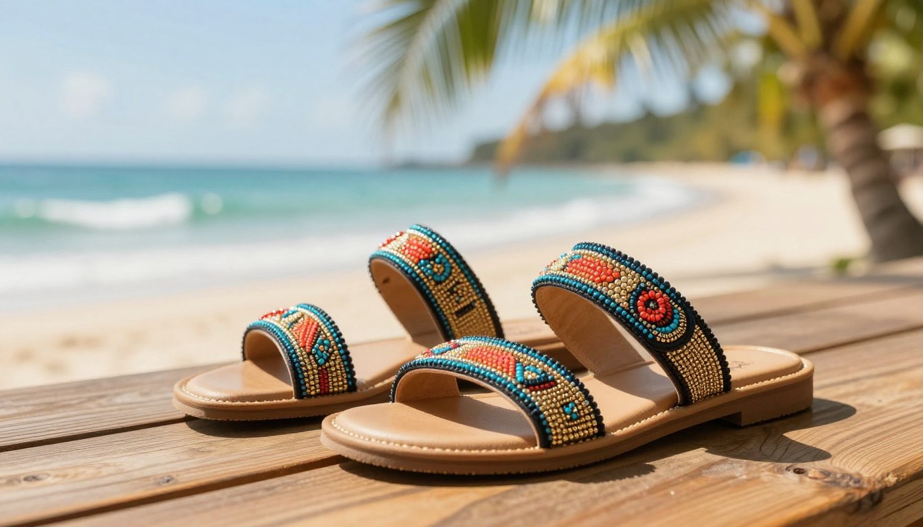 beaded studs and shell embellished sandals